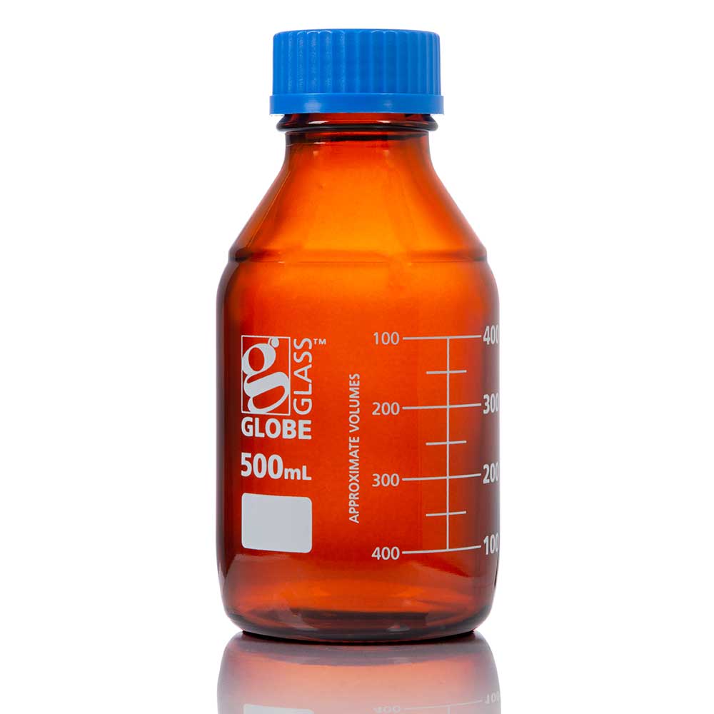 Globe Scientific Bottle, AmberMedia, Globe Glass, 500mL, GL45 Screw Cap, Dual Graduations, 10/Box Image